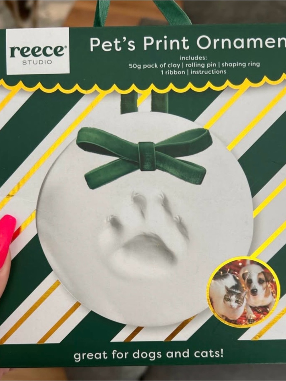 Reece Studio Pet's Print Ornament - White with Green Bow
